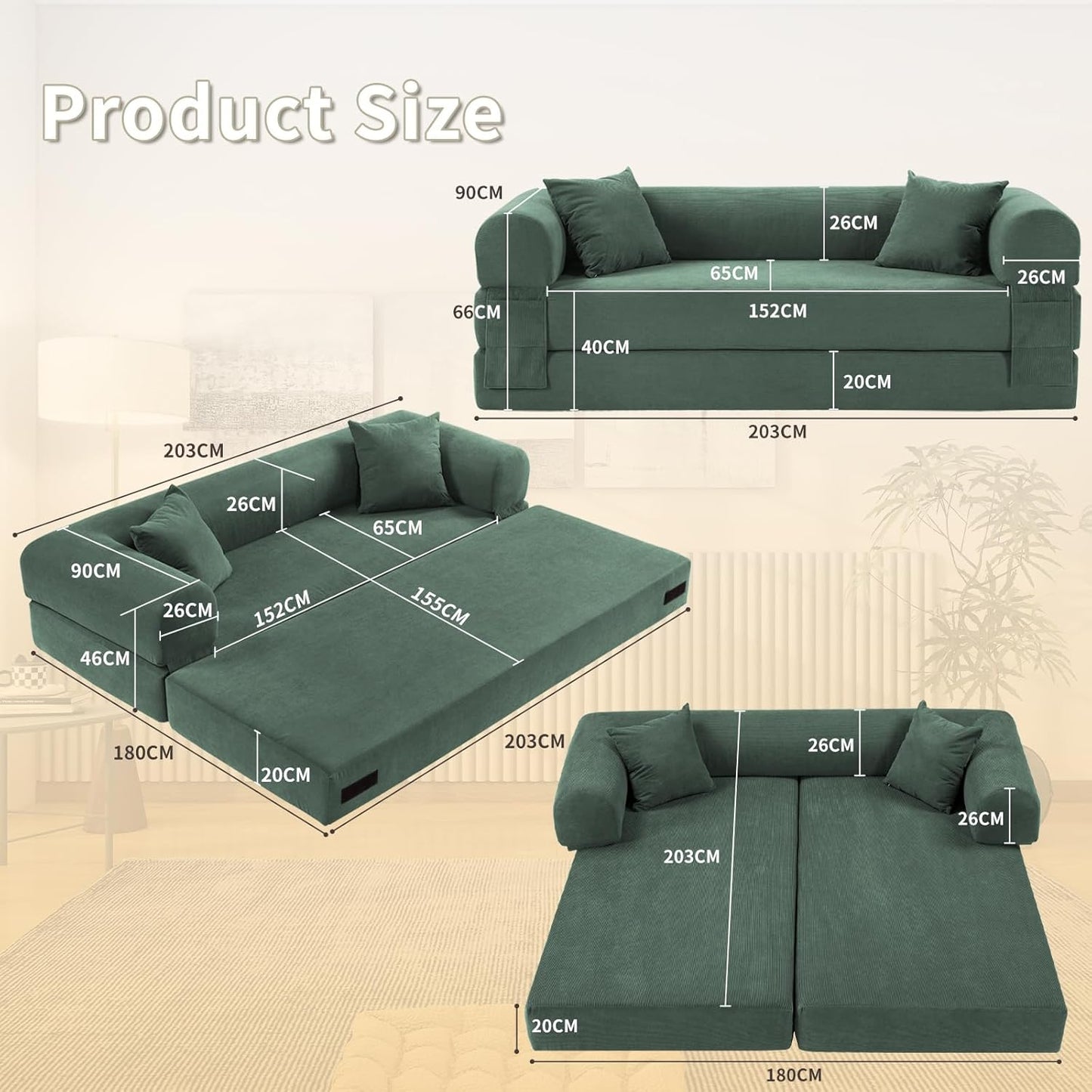 80" Convertible Sofa Bed, Corduroy Deep Seat Folding Pull Out Couch with Pillows, No Assembly Modern Boneless Couch Compression Sofa in Box, Floor Sofa with Storage Pocket for Living Room,Light Green