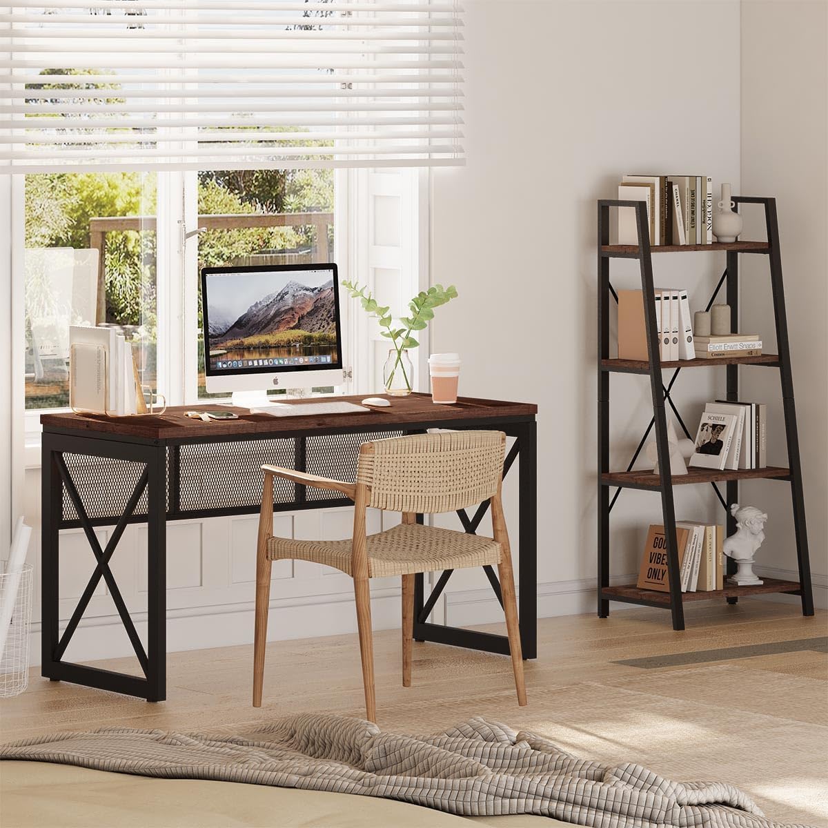 BON AUGURE Farmhouse Computer Desk, Modern Industrial Home Office Desks, Wood Metal Study Writing Table, Sturdy Gaming Desk (Rustic Oak, 54 Inch)