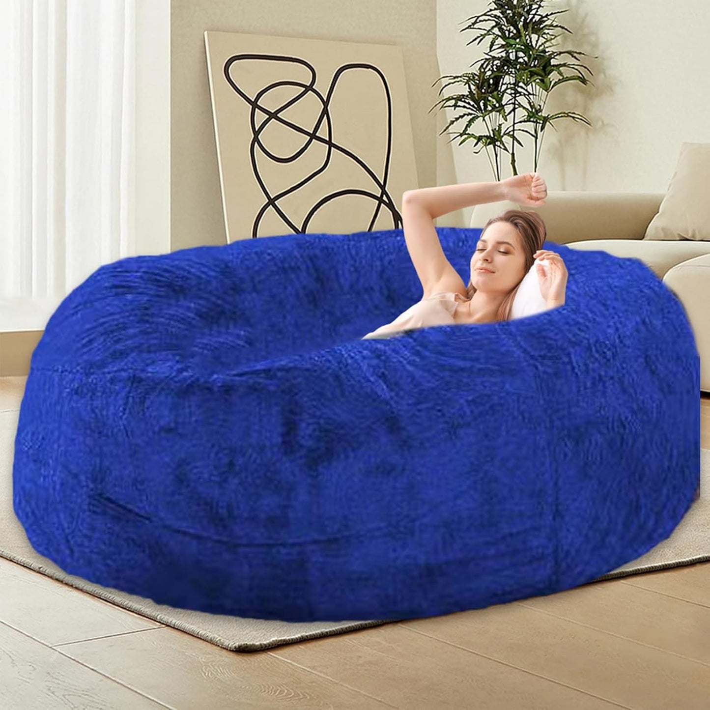 Bean Bag Chairs for Kids Comfy Fluffy Big Joe Bean Bag Chair Cover Without Filler Round Sofa Chairs for Bedroom Living Room Decor, 5FT, Kerin Blue