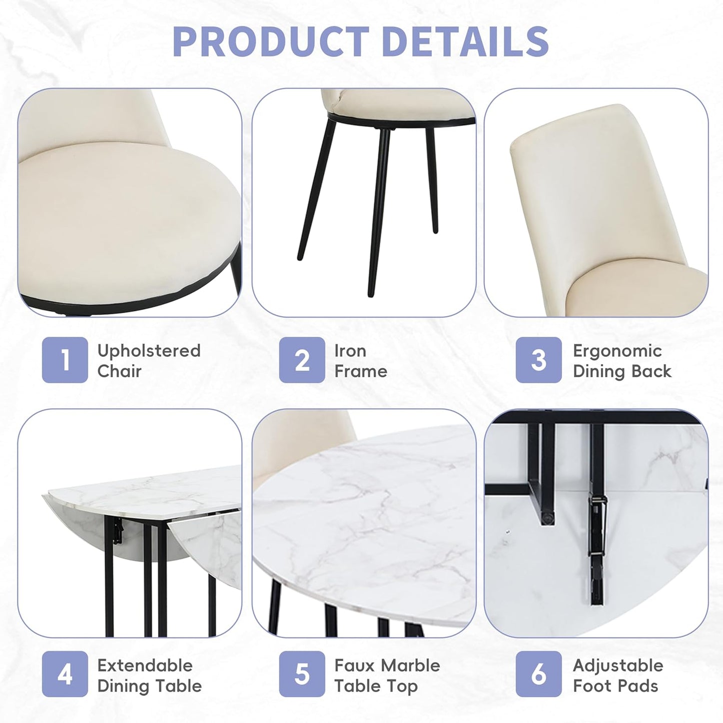 Merax 47.2” Round Dining Table Set for 4, Foldable Kitchen Dining Table with 11.8” Drop Leaves, Faux Marble Top with Golden Frame, 4 Upholstered Chairs (White+Beige)