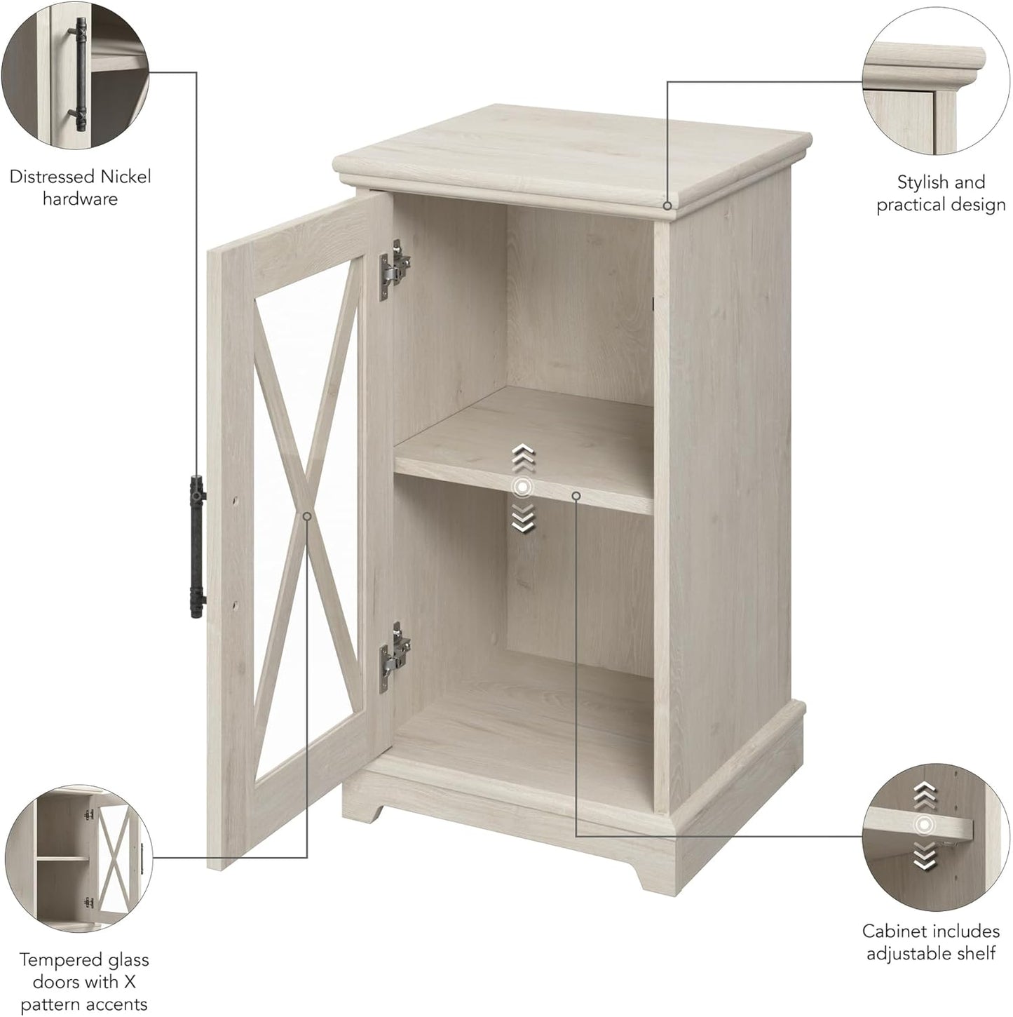 Bush Furniture Lennox Small Farmhouse End Table with Storage in Linen White Oak | Living Room Organization