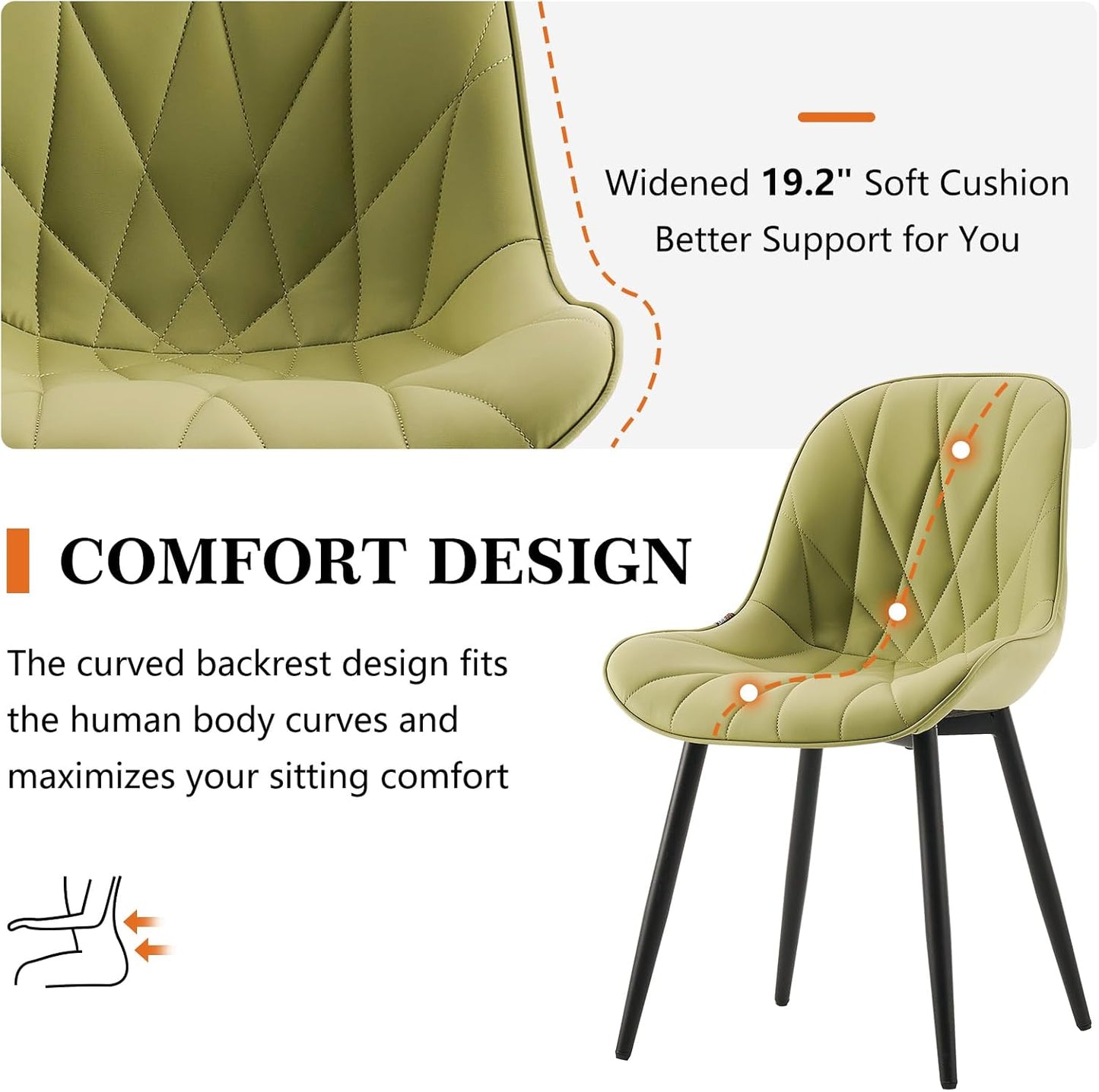 Rowill Modern Dining Chairs Set of 2 Upholstered Faux Leather Kitchen Chairs with Soft Cushion Backrest, Sturdy Metal Legs & Non-Slip Pads, Perfect for Home Dining Room, Kitchen, Avocado Green