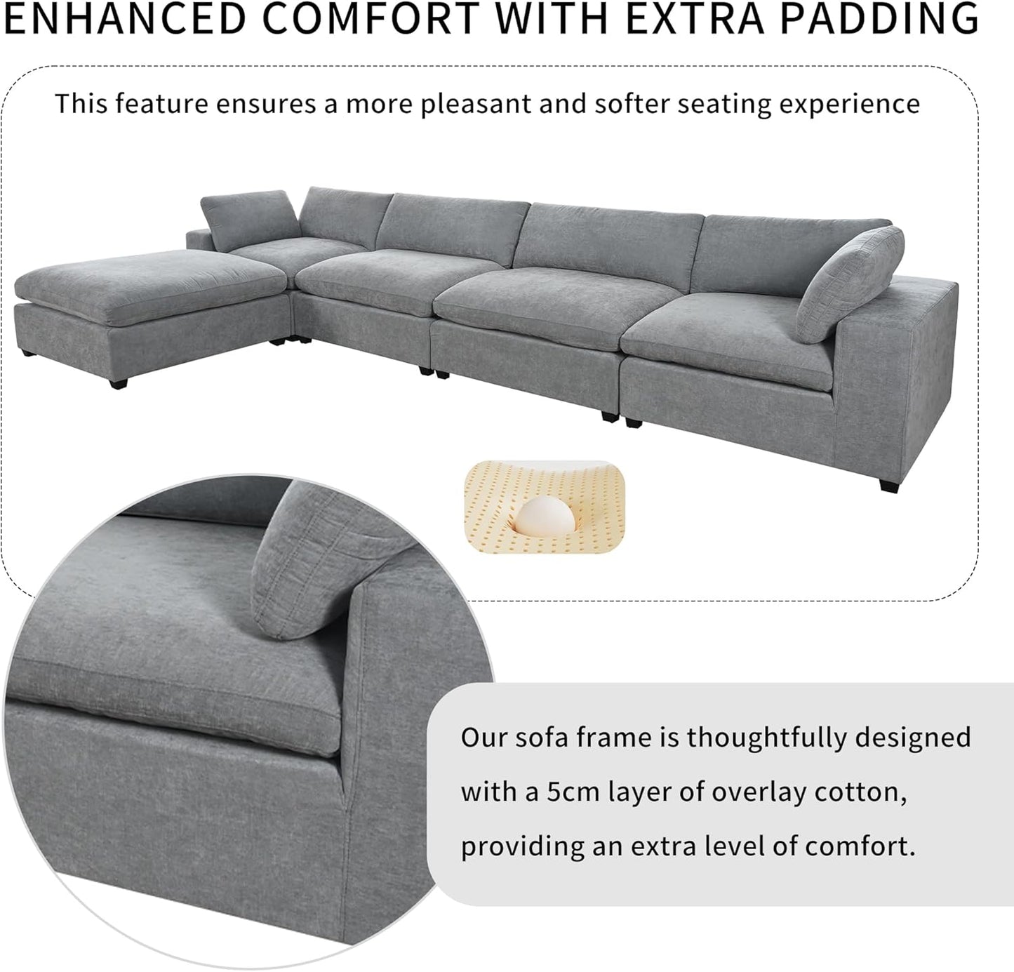 176.4 Inch L Shaped Modular Sectional Sofa with Removable Ottoman, 5-Seater Oversized Deep Seat Corner Couch for Living Room, Apartment, Office, Spacious Space, Grey