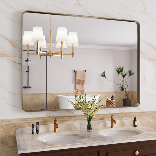 Bronze Bathroom Mirror 40x30 Inch, Brushed Bronze Metal Frame Mirror for Wall, Rounded Rectangle Bathroom Vanity Mirror with Tempered Glass, Anti-Rust, Horizontal/Vertical