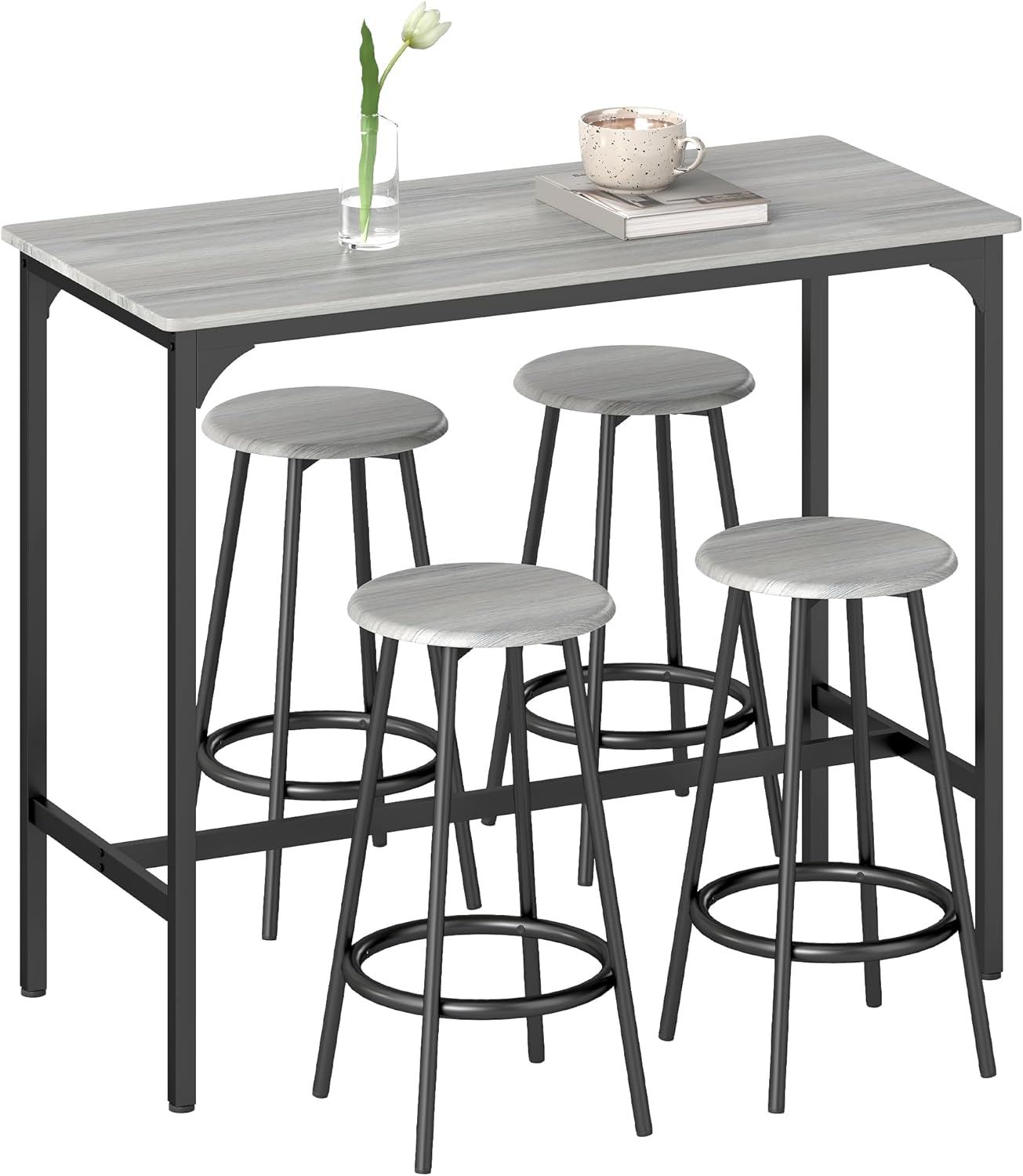 HOMCOM 5-Piece Counter Height Bar Table Set, Rustic 43.25" Dining Table with 4 Bar Stools, Kitchen Table with Wooden Top for Pub, Dining Room, Gray