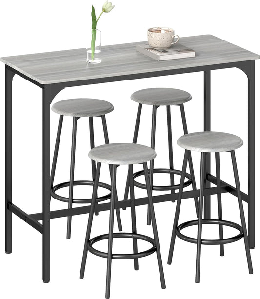 HOMCOM 5-Piece Counter Height Bar Table Set, Rustic 43.25" Dining Table with 4 Bar Stools, Kitchen Table with Wooden Top for Pub, Dining Room, Gray