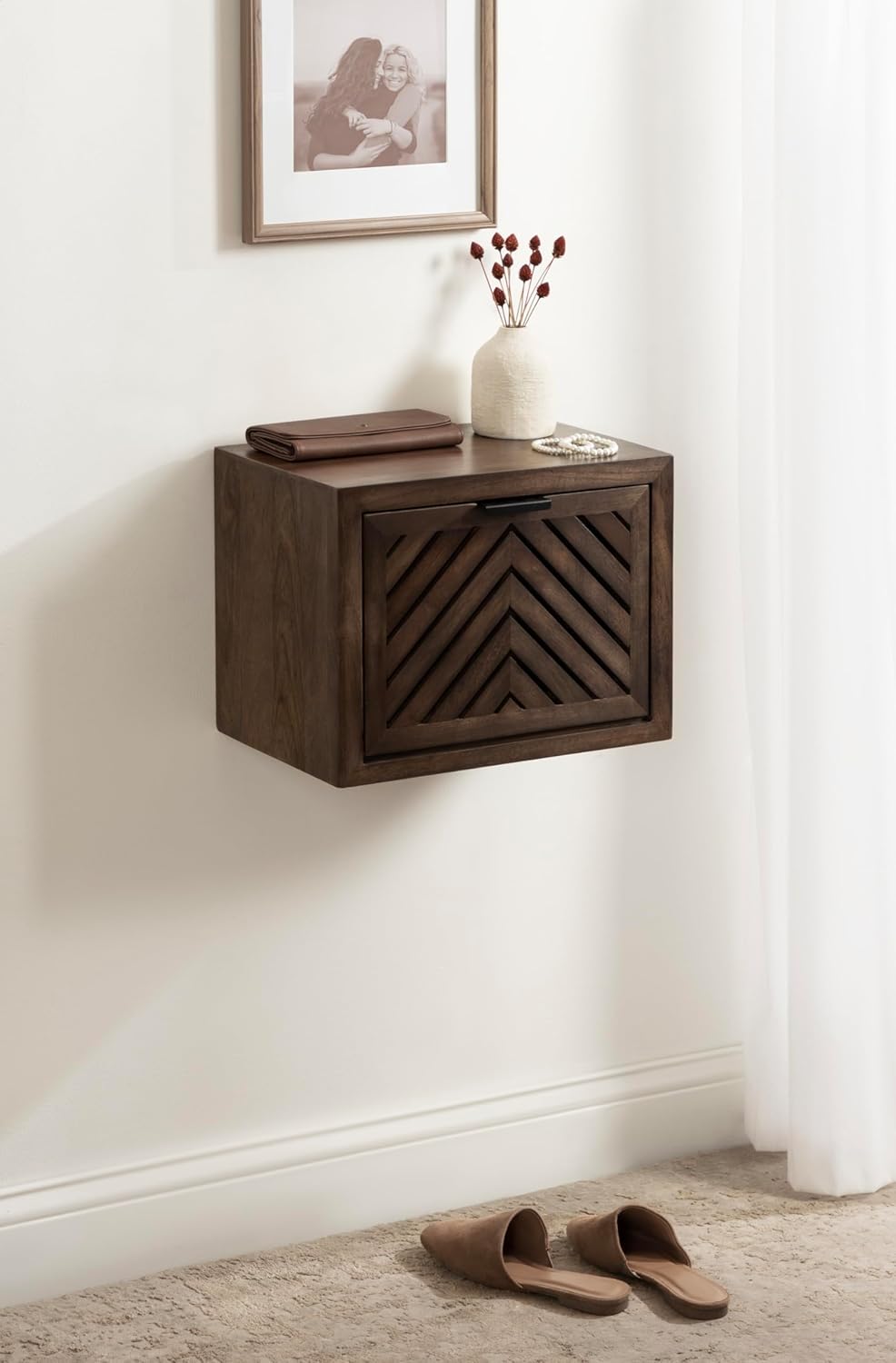 Kate and Laurel Mezzeta Modern Floating Shelf Side Table with Storage Cubby; 16 x 10 x 12; Natural Wood; Decorative Slatted Wood Floating Nightstand with Pull Down Door for Use as Bathroom Storage