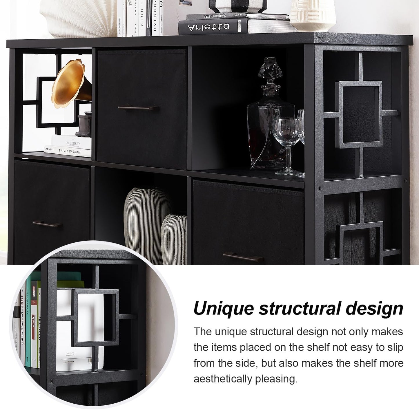 HOMISSUE 6 Cube Storage Organizer Shelf, Rustic Short Bookshelf with 3 Storage Bins, Industrial Horizontal Bookshelf with Metal Frame, Low and Wide Cube Bookcase for Living Room and Office, Black