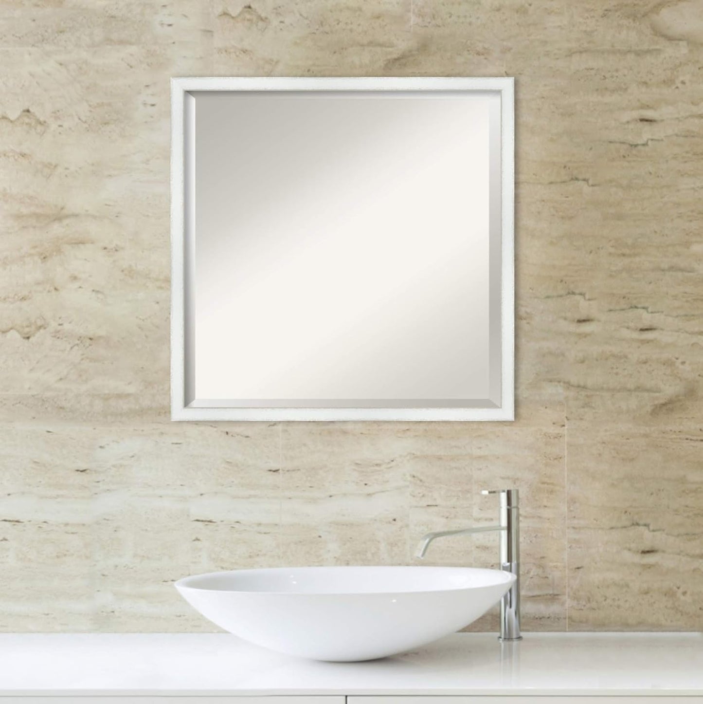 Amanti Art White Bathroom Mirror for Over Sink, 21x21 Breeze Distressed White Square Vanity Mirror, Medium Country Rustic Wood Frame, Hangs Horizonally and Vertically, Bathroom Wall Decor, Beveled