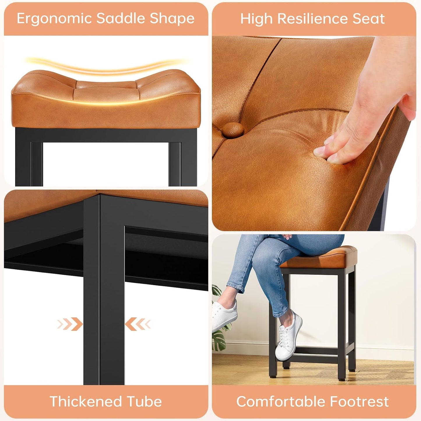 Dripex Backless Saddle Bar Stools Set of 3, Modern Faux Leather 24'' Counter Height Barstools with 4" Thick Seats & Heavy Duty Metal Legs, for Kitchen Island, Bar, Dining Room, Brown