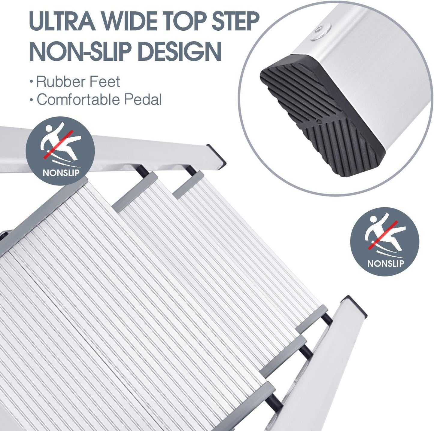 KINGRACK Aluminium 3 Step Ladder, Lightweight Step Stool with Non-Slip Pedals, Handrail, 330 LBS Foldable Step Ladder for Kitchen, Garage, Home, Space Saving, Sturdy and Portable, Silver