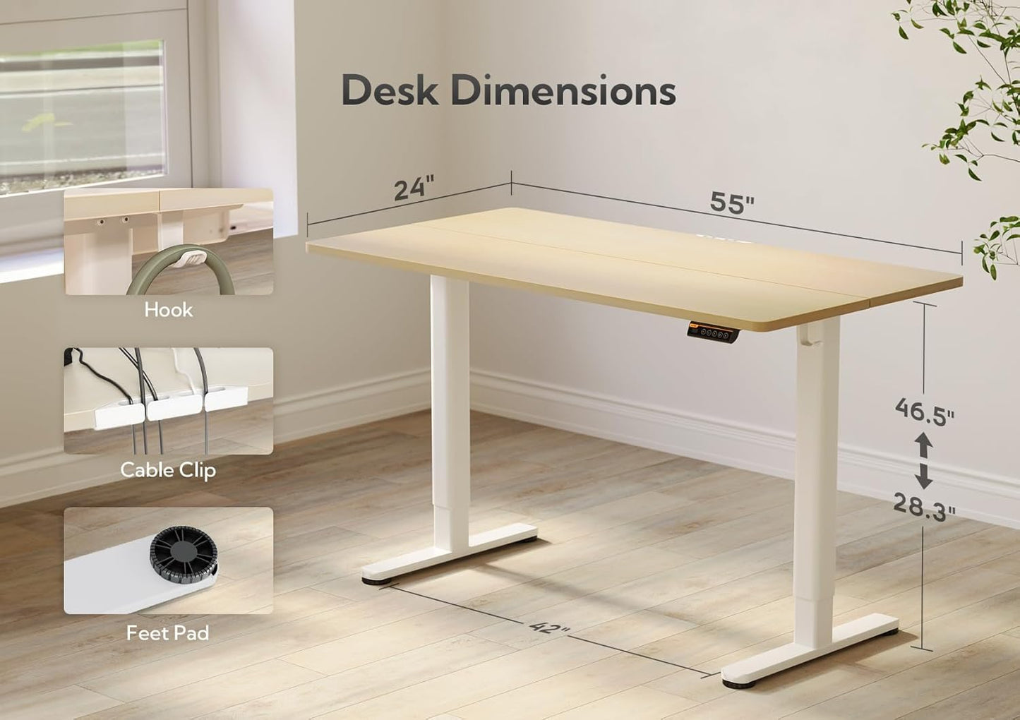 Claiks Electric Standing Desk, Adjustable Height Stand up Desk, 55x24 Inches Sit Stand Home Office Desk with Splice Board, White Frame/Nature Top