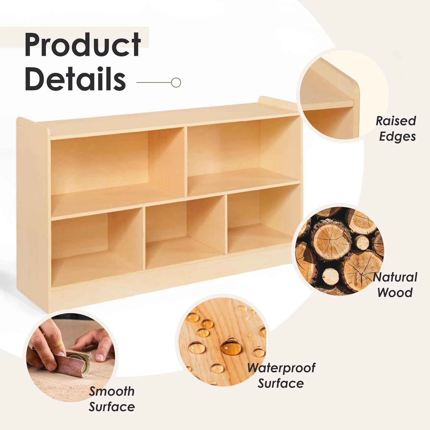 5-Section Wooden Toy Shelf for Kids, Montessori Shelf Storage with Open Shelving & Customizable Layout | Safe, Sturdy Design for Kids Room, Classroom & Playroom