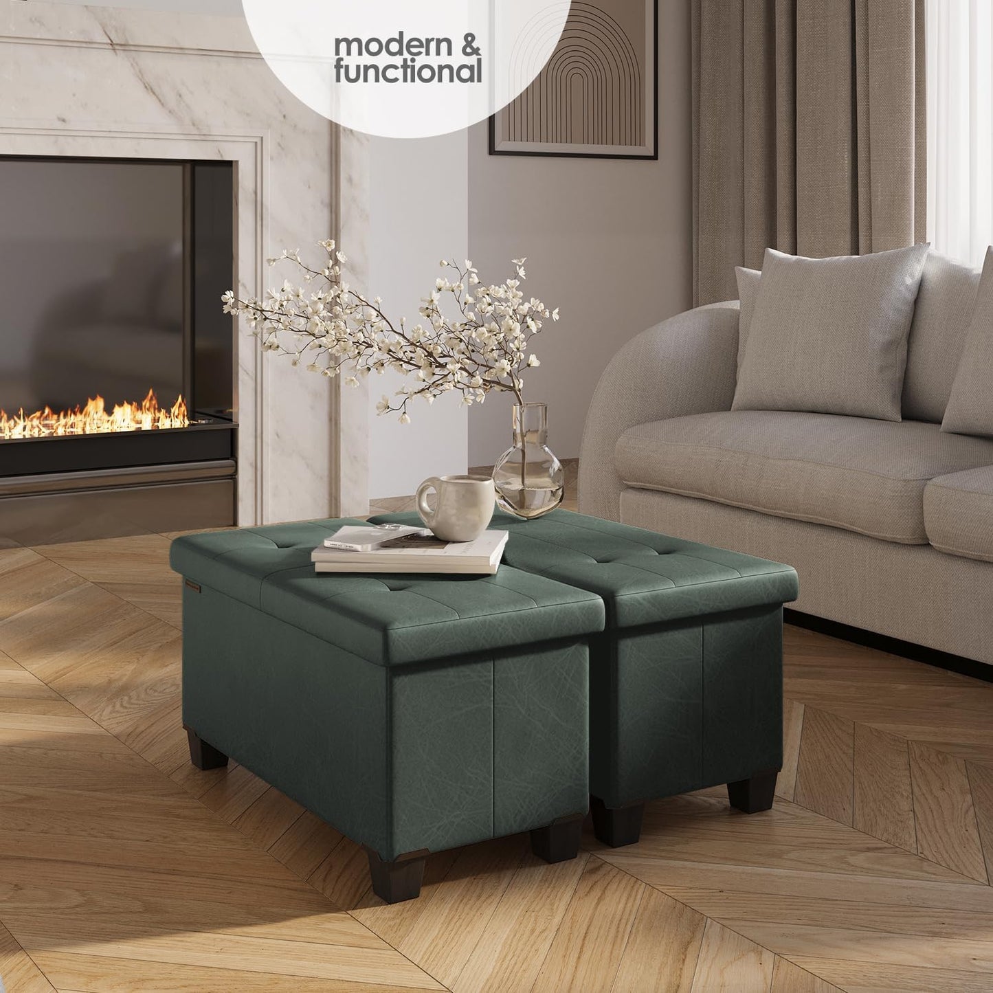 STORAGEBUD Storage Ottoman Bench with Bins, 30-in Storage Bench for Bedroom End of Bed, Folding Foot Rest Ottoman for Living Room Max 660lbs, Faux Leather Ottomans, Green