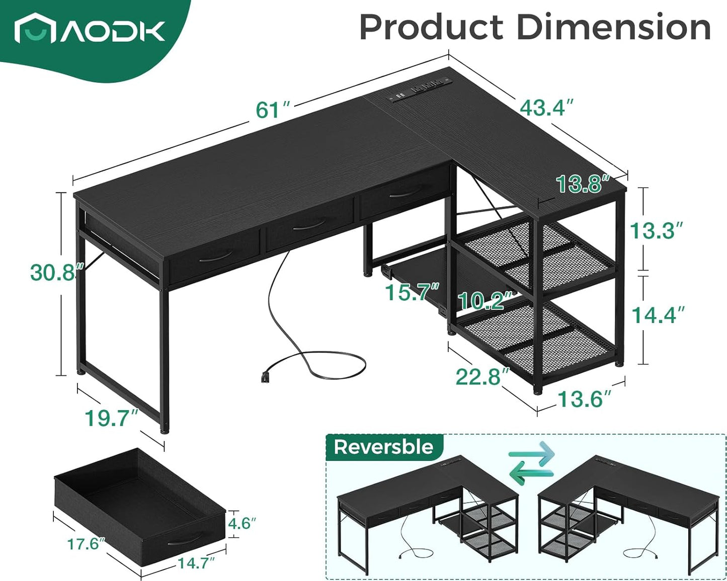 AODK 61 Inch L Shaped Computer Desk with Drawers, Corner Desk with Power Outlets & Reversible Storage Shelves, Movable CPU Stand for Home Office Gaming, Black