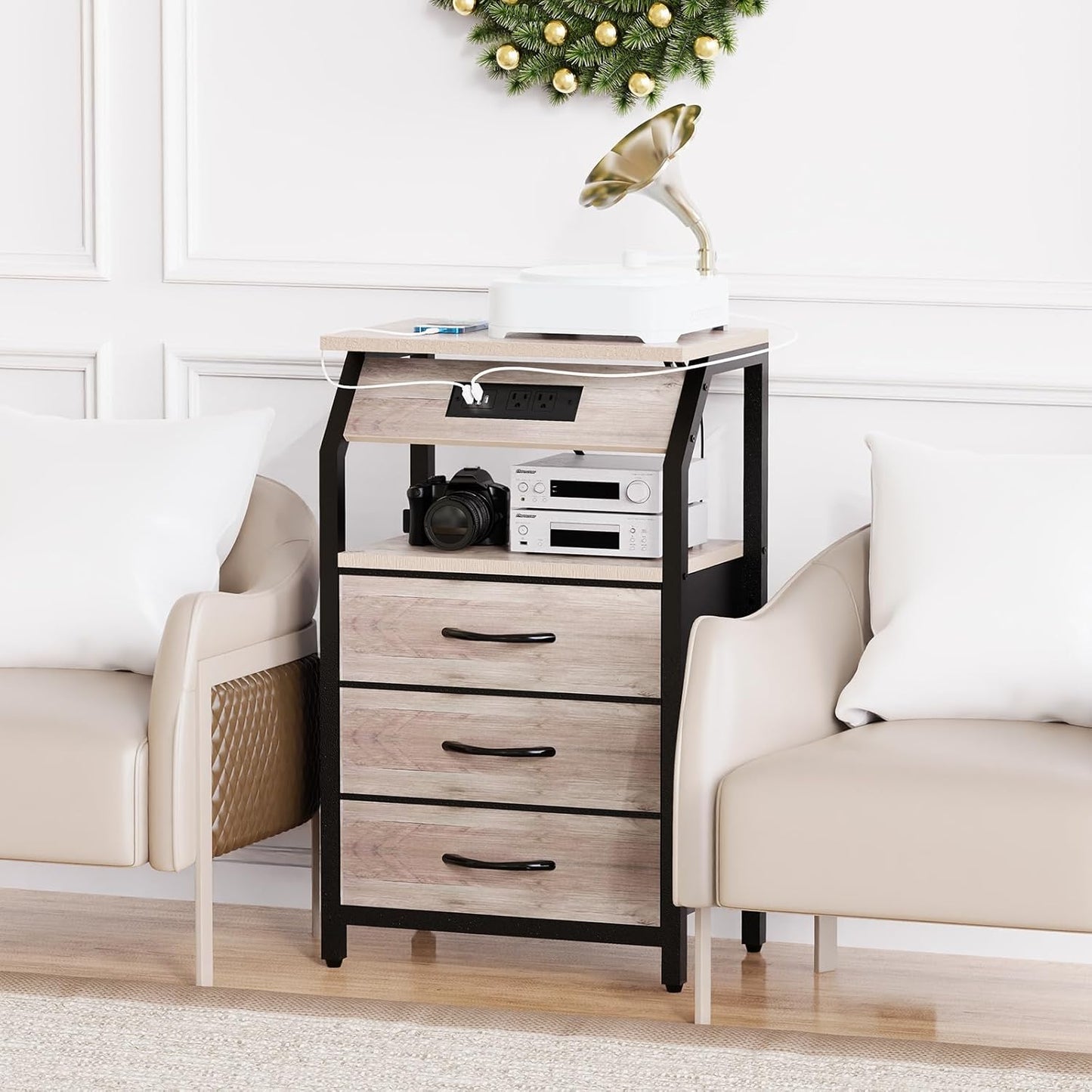 End Table with 3 Drawers, Night Stand with Charger Station and LED Lights, Small Nightstand with Fabric Storage, Farmhouse Side Table for Bedside, Living Room, Dorm, Greige