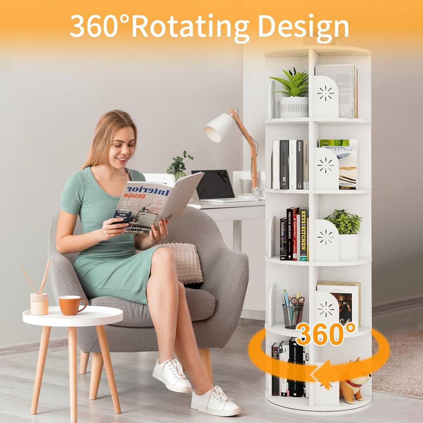 Hestiasko 5 Tier Rotating Bookshelf, 360 Rotating Bookcase, Spinning Bookshelf Tower for Kids & Adults, Corner Book Shelf for Small Space, Revolving Bookcase for Bedroom, Living Room, White