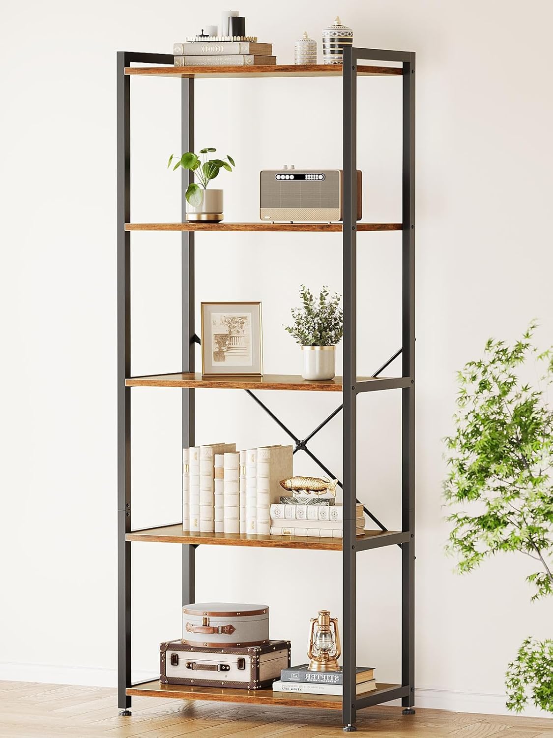 Casaottima Book Shelf, 5 Tier Bookshelf, Modern Wood Bookcase Shelves for Bedroom, Industrial Display Shelf for Living Room Home Office Kitchen, Standing Shelving Unit Storage Organizer, Vintage