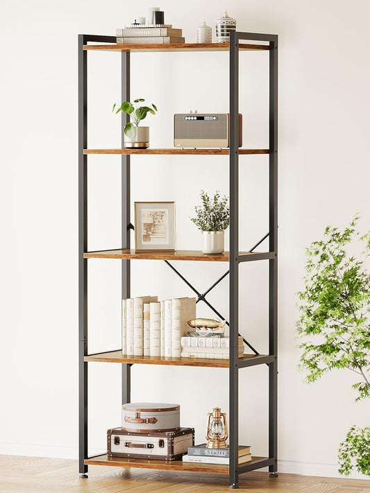 Casaottima Book Shelf, 5 Tier Bookshelf, Modern Wood Bookcase Shelves for Bedroom, Industrial Display Shelf for Living Room Home Office Kitchen, Standing Shelving Unit Storage Organizer, Vintage