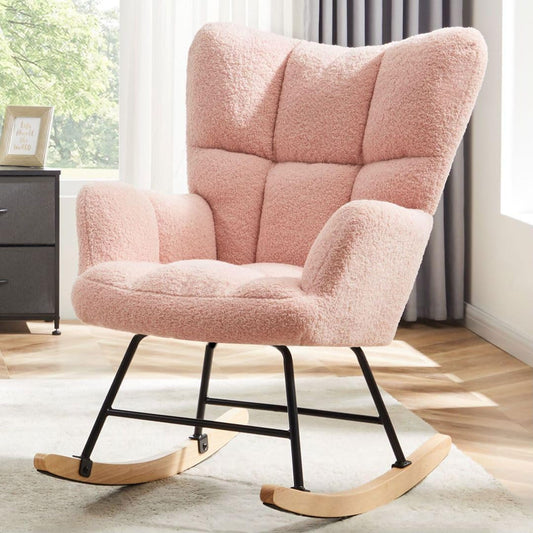 Nursery Rocking Chair, Boho Accent Ottoman, Teddy Upholstered Glider Rocker with High Backrest, Recliner Function and Foot Rest for Living Room, Small Spaces, Bedroom, Pink