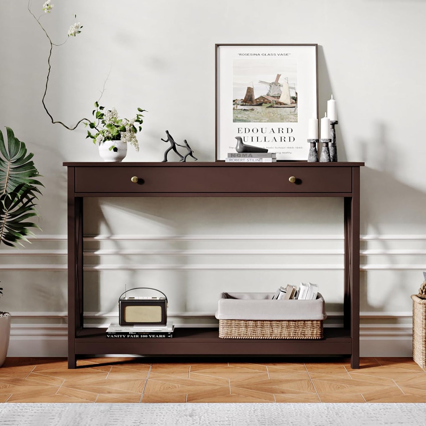 Treocho Black Console Table with Drawer and Storage Shelves, Foyer Sofa Table Narrow for Entryway, Living Room, Hallway