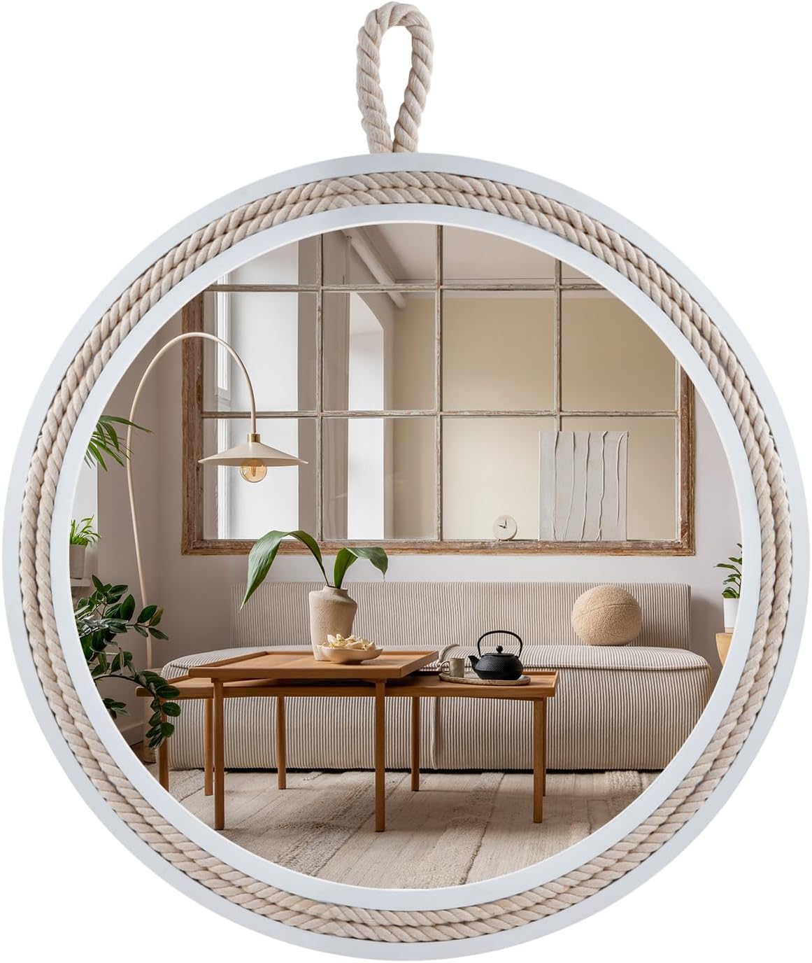 Small Decorative Mirror 11.4'' Round Hanging Mirror for Wall Nautical Rope Mirror for Bathroom Office Living Room All Occasions, White Round Rope,Mirror,Nautical Theme