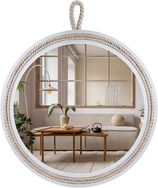Small Decorative Mirror 11.4'' Round Hanging Mirror for Wall Nautical Rope Mirror for Bathroom Office Living Room All Occasions, White Round Rope,Mirror,Nautical Theme