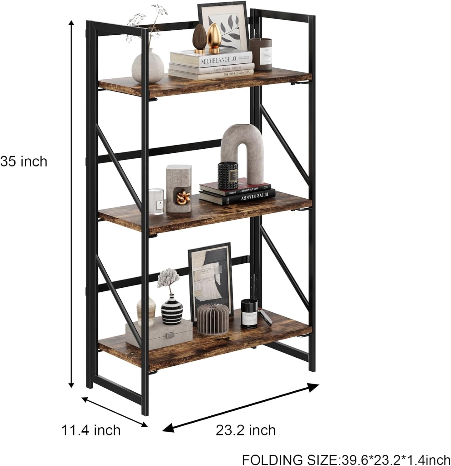 JSB No Assembly Folding Bookshelf, 3 Tier Industrial Metal Book Shelf for Storage, Vintage Wood Foldable Bookcase for Living Room, Bedroom, Office Organization Shelves