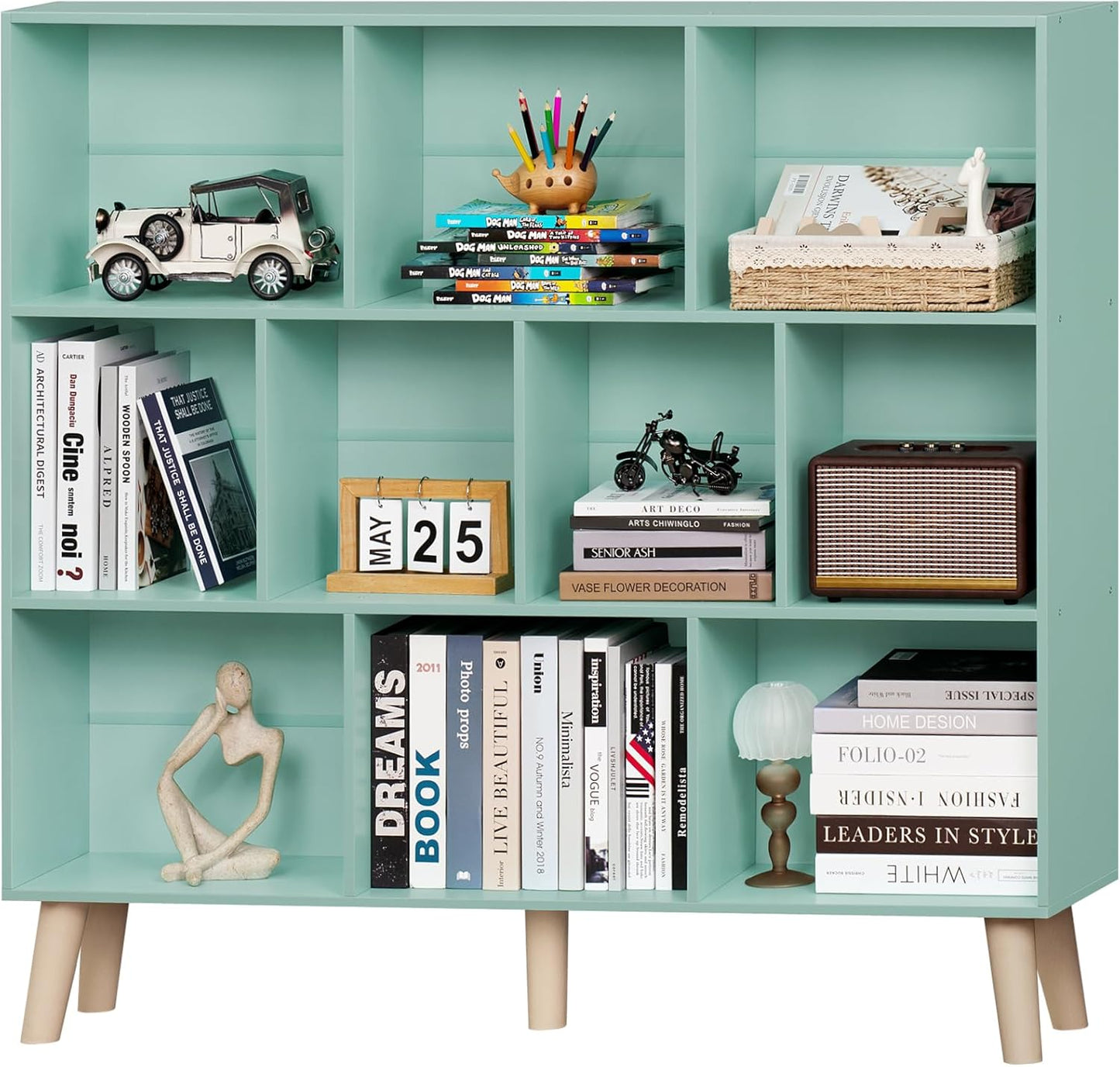 LEYAOYAO 10 Cube Bookshelf,3 Tier Modern Wide Bookcase with Legs,Mid-Century Wood Bookshelves Storage,Mint-Green Large Book Case,Freestanding Organizer Display Shelf for Bedroom,Living Room,Office