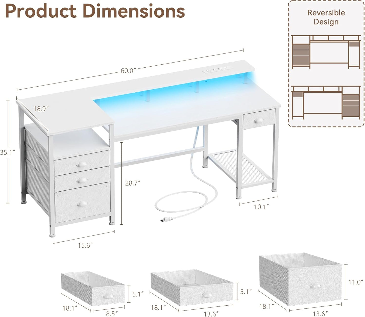 Furologee 60" White Office Computer Desk with 4 Drawers,Gaming Desk with LED Lights and Power Outlets,Long Desk with Fabric File Cabinet,Study Writing Work Table with Shelf for Bedroom Home Office