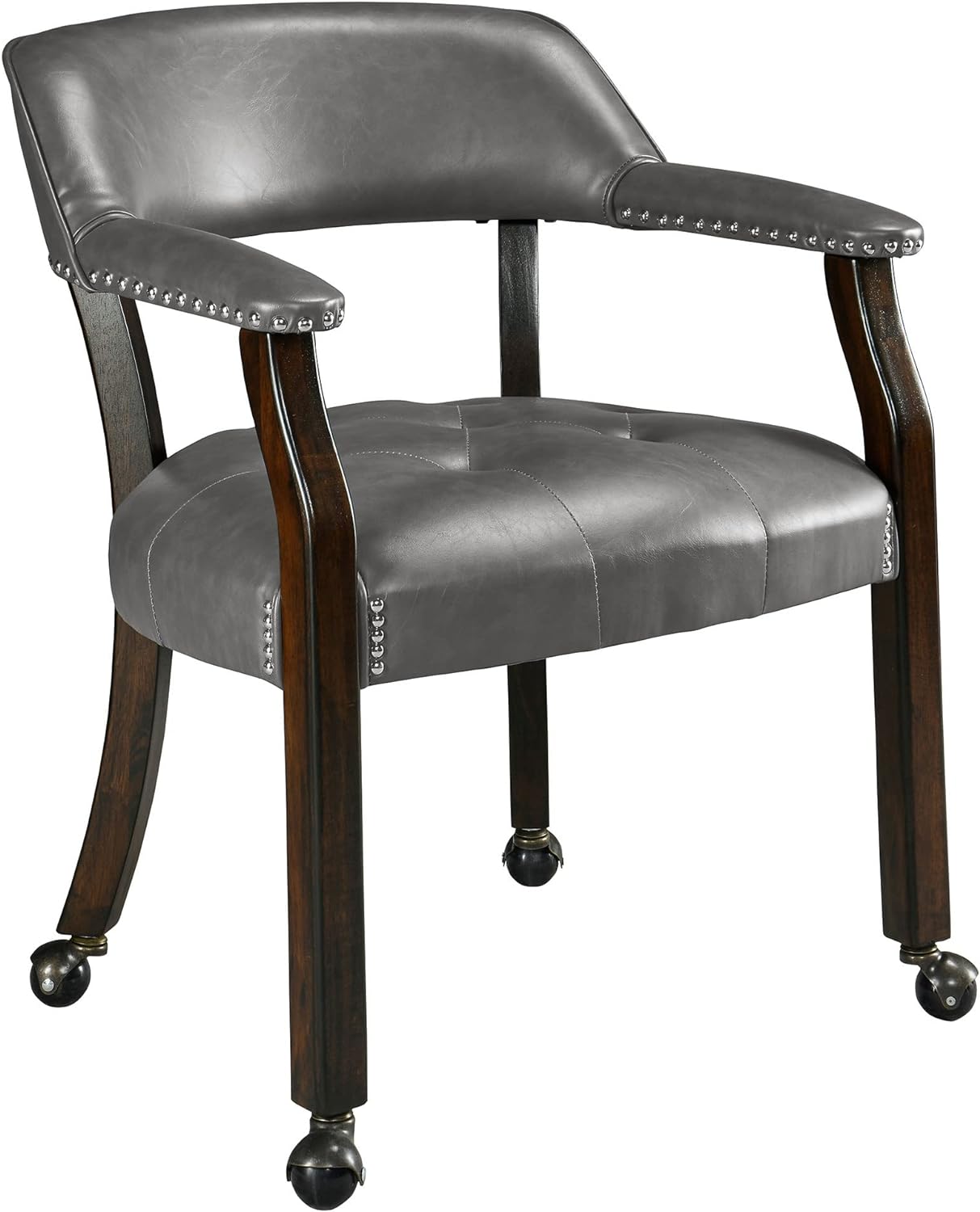 LEEMTORIG Dining Chairs with Casters and Arms, Rolling Dining Chairs with Wheels, Game Poker Table Chairs, Solid Wood Boss Caption's Chairs Office Desk Chairs, Espresso Legs & Dark Grey, XXY-1910-DG
