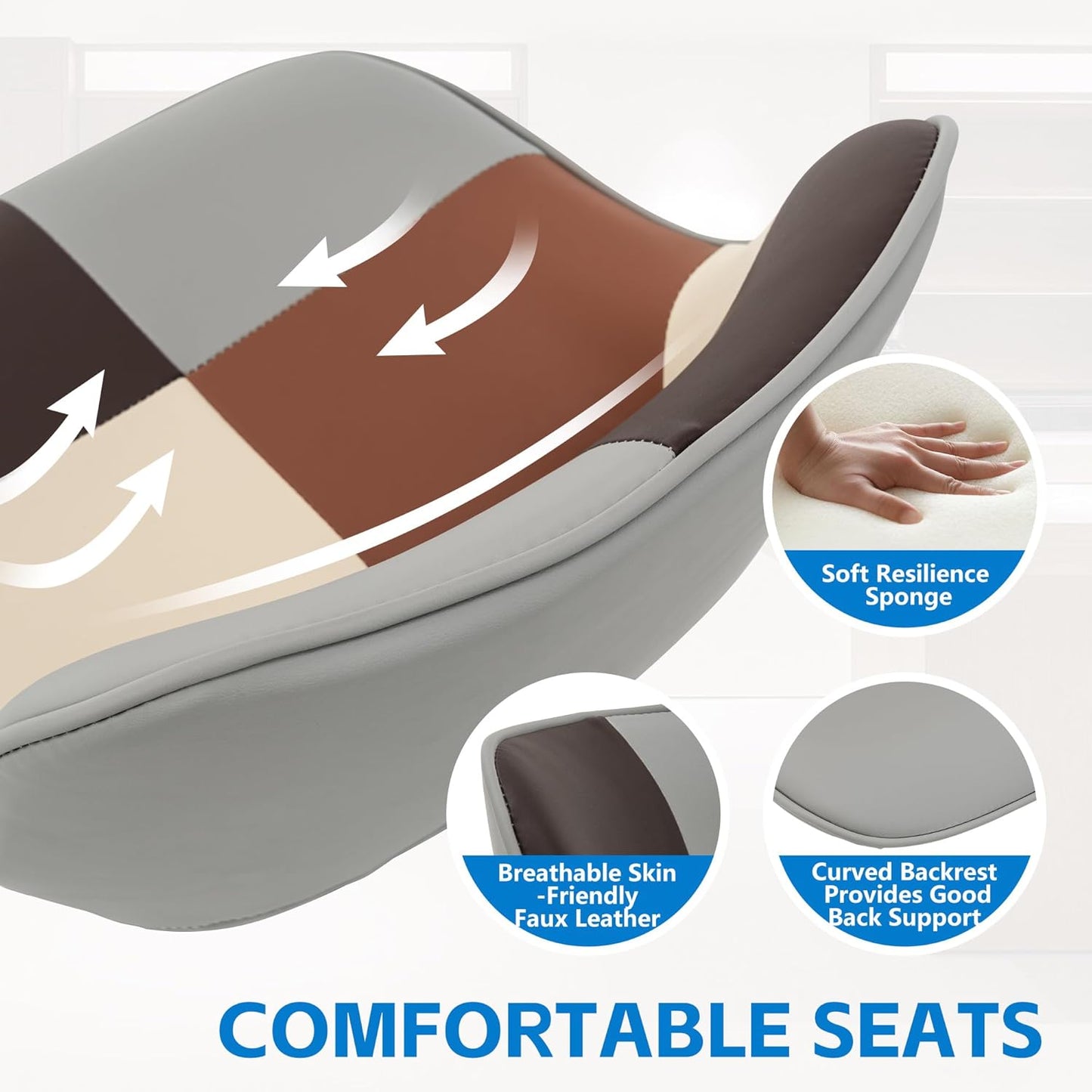 YOUNIKE Bar Stools Set of 2, Boho Colorful Patchwork Faux Leather Barstools, Adjustable Swivel Counter Height Bar Stool Upholstered Counter Stools with Hollow Back for Kitchen Island, GreyBeige