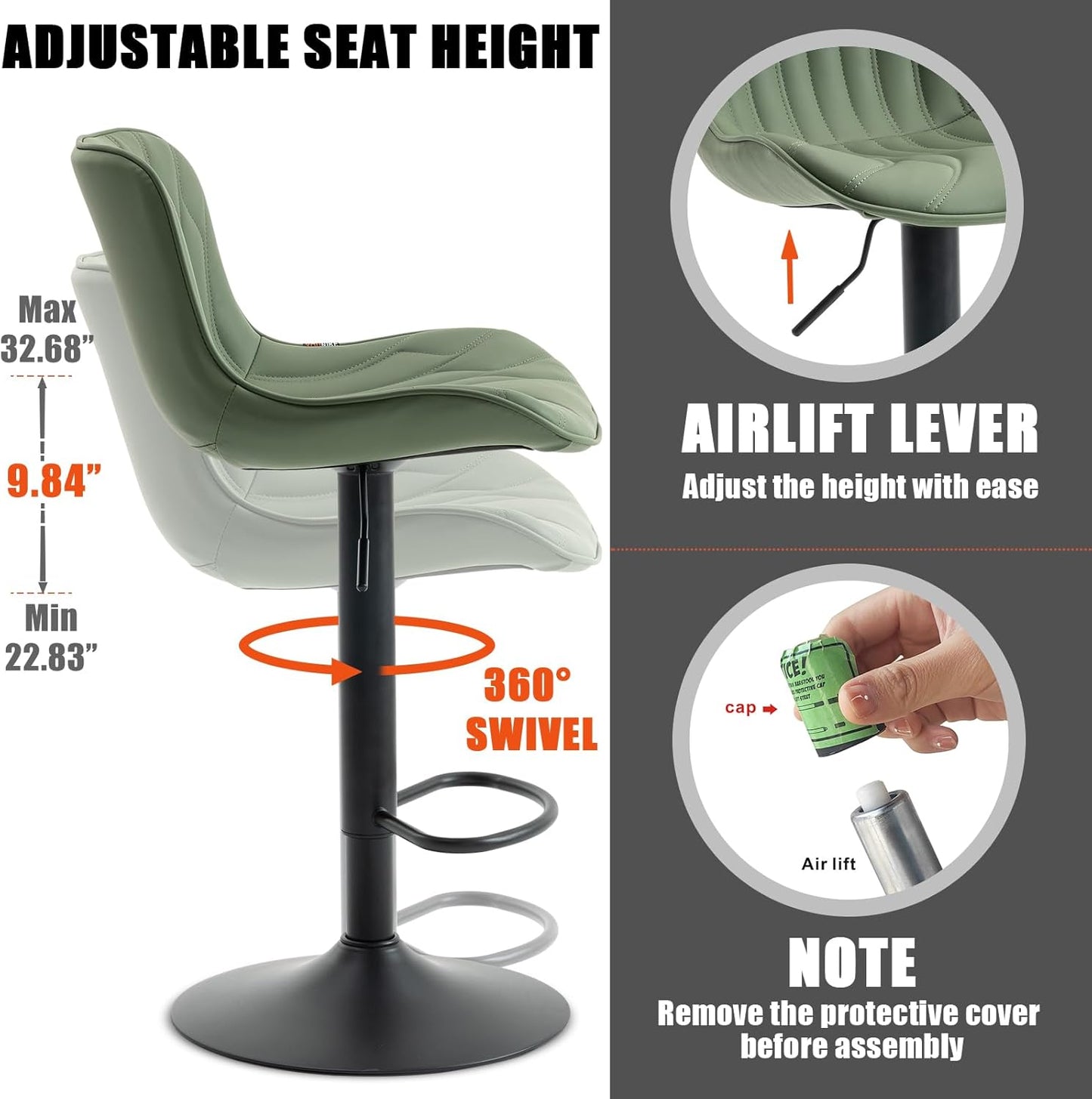 YOUNIKE Bar Stools Set of 2 Modern Swivel Counter Height Bar Chair with Back Adjustable Kitchen Island Faux Leather Padded Barstool Olive Green taburetes de bar Breakfast sillas para barra de cocina