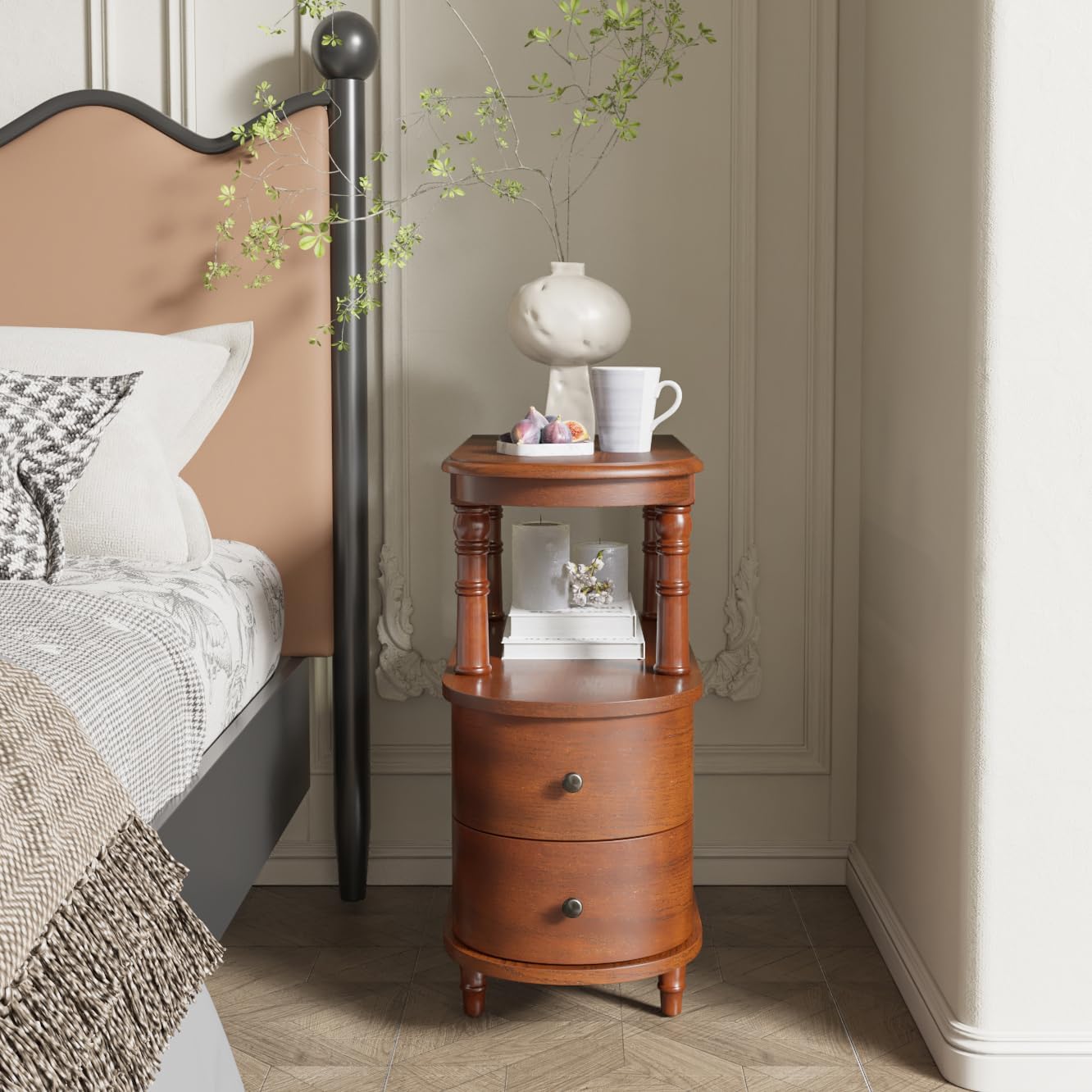 2 Set of Wood End Table with 2 Drawers and Storage Shelf, Narrow Sofa Side Table for Living Room, Vintage Slim Nightstand Bedside Table for Bedroom, Slim Chair Side Table Cherry Brown A508MG