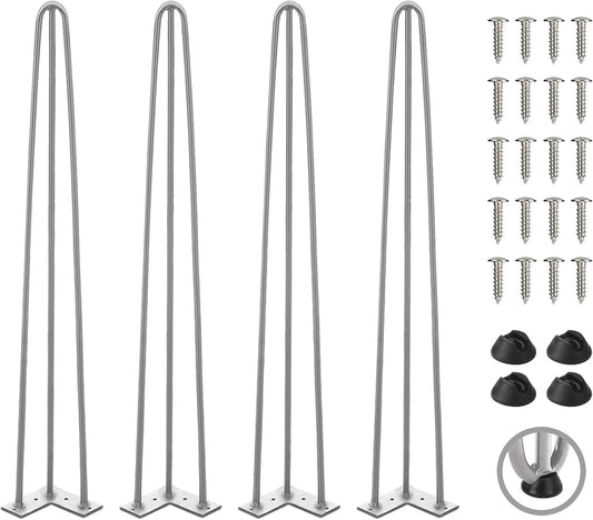 TEN49 Heavy Duty Hairpin Furniture Leg - 34 Inch Industrial Metal Table Legs - 1/2" Extra Thickness 3 Solid Rods Raw Steel Color Leg - Fit for Modern Standing Desk, Console, Bar Height Table Legs