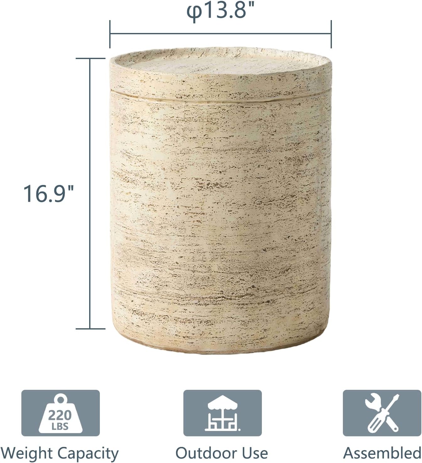 COSIEST 2 Pieces Outdoor Side Table, Set of 2 Cylinder Shaped MgO Patio End Table, Lightweight Accent Table with Tray Top, Round Plant Stand for Garden and Deck, Beige