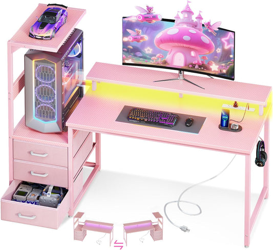 AODK 52 Inch Gaming Desk with USB Charging Ports & LED Light- Reversible Computer Desk with Storage Shelves & Monitor Stand, Modern Gamer Desk Table with Fabric Drawers & Side Hook, Carbon Fiber Pink