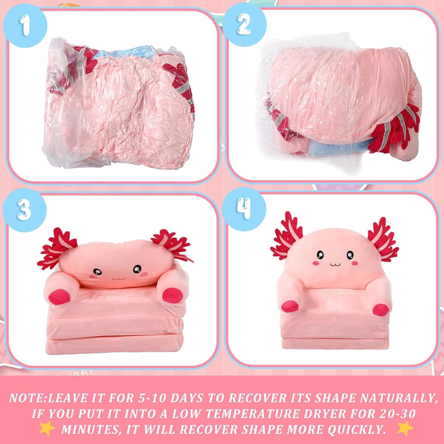 Axolotl Kids Couch Fold out 2-in-1 Toddler Sofa Fold out with Blanket, Soft Toddler Chair Comfy for Boy Girl Baby, Convertible Sofa to Lounger for Napping Reading Playing Christmas, Light Pink