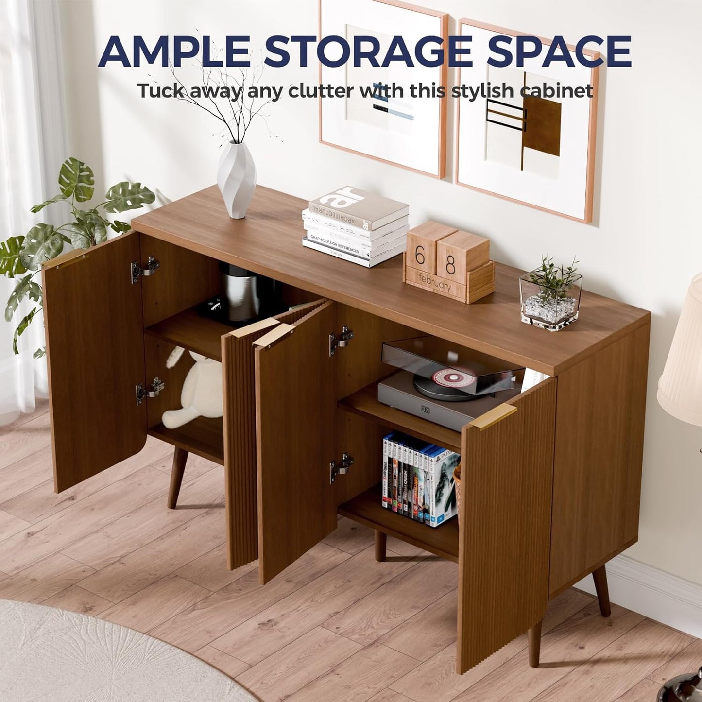 47.2" Buffet Cabinet with 4 Doors, Accent Sideboard Cabinet with Adjustable Shelf, Dining Room Sideboard with Waveform Panel, Credenzas for Living Room, Hallway, Walnut