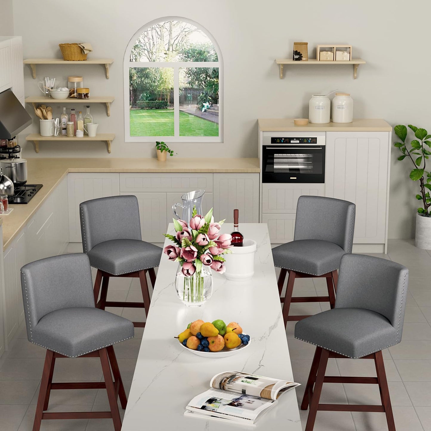 Counter Height Barstools Set of 4,360° Swivel Bar Stools with Back,26 inch Modern Counter barstools,Upholstered Bar Tall Stools for Kitchen Counter,Kitchen Island,Bar, Home (Dark Gray, SET OF 4)