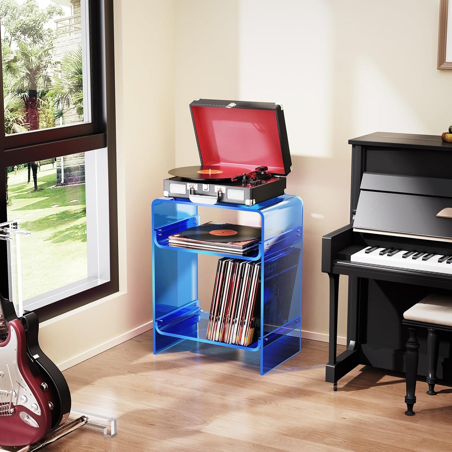 Acrylic Record Player Table with Storage Shelf, Clear Side Table Nightstand (Blue)