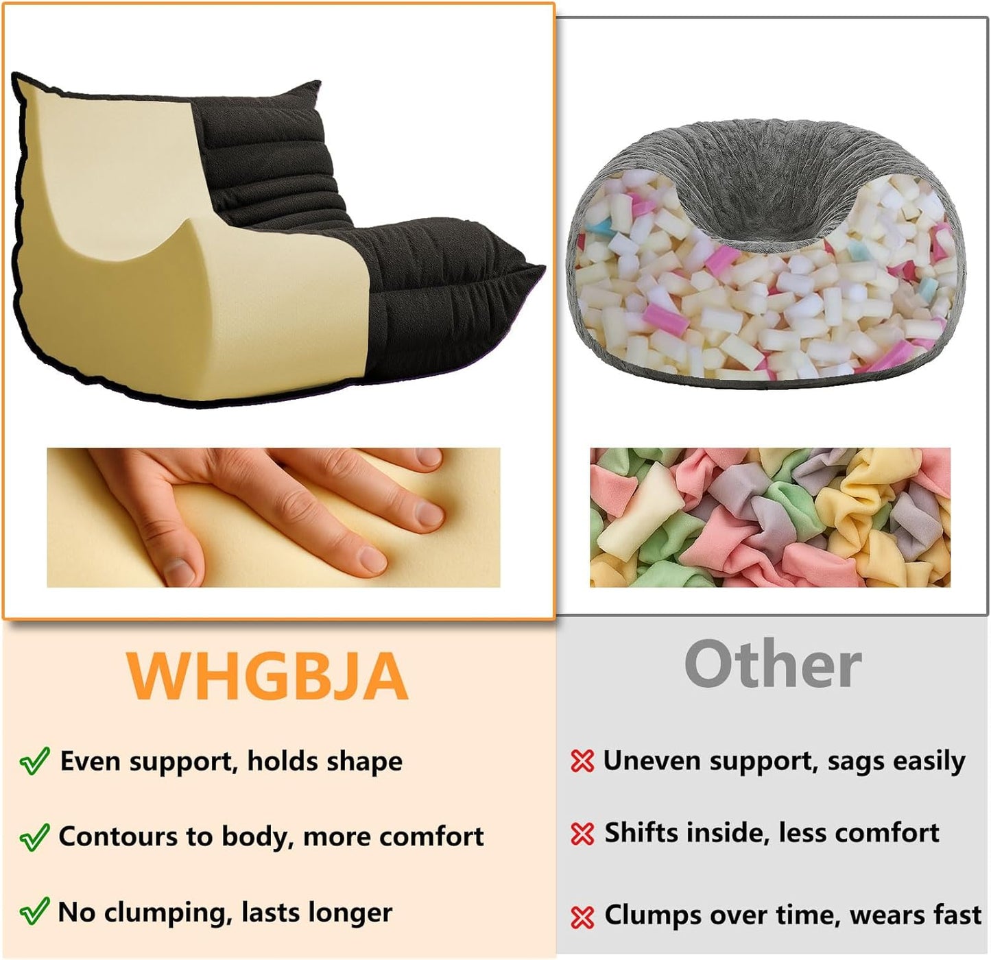 Bean Bag Chairs for Adults, BeanBag Reading Chair Memory Foam Couch 3-Seater, Floor Chair Soft Teddy Material, Comfy Reading Nook Chairs for Bedroom Living Room Office (Black)