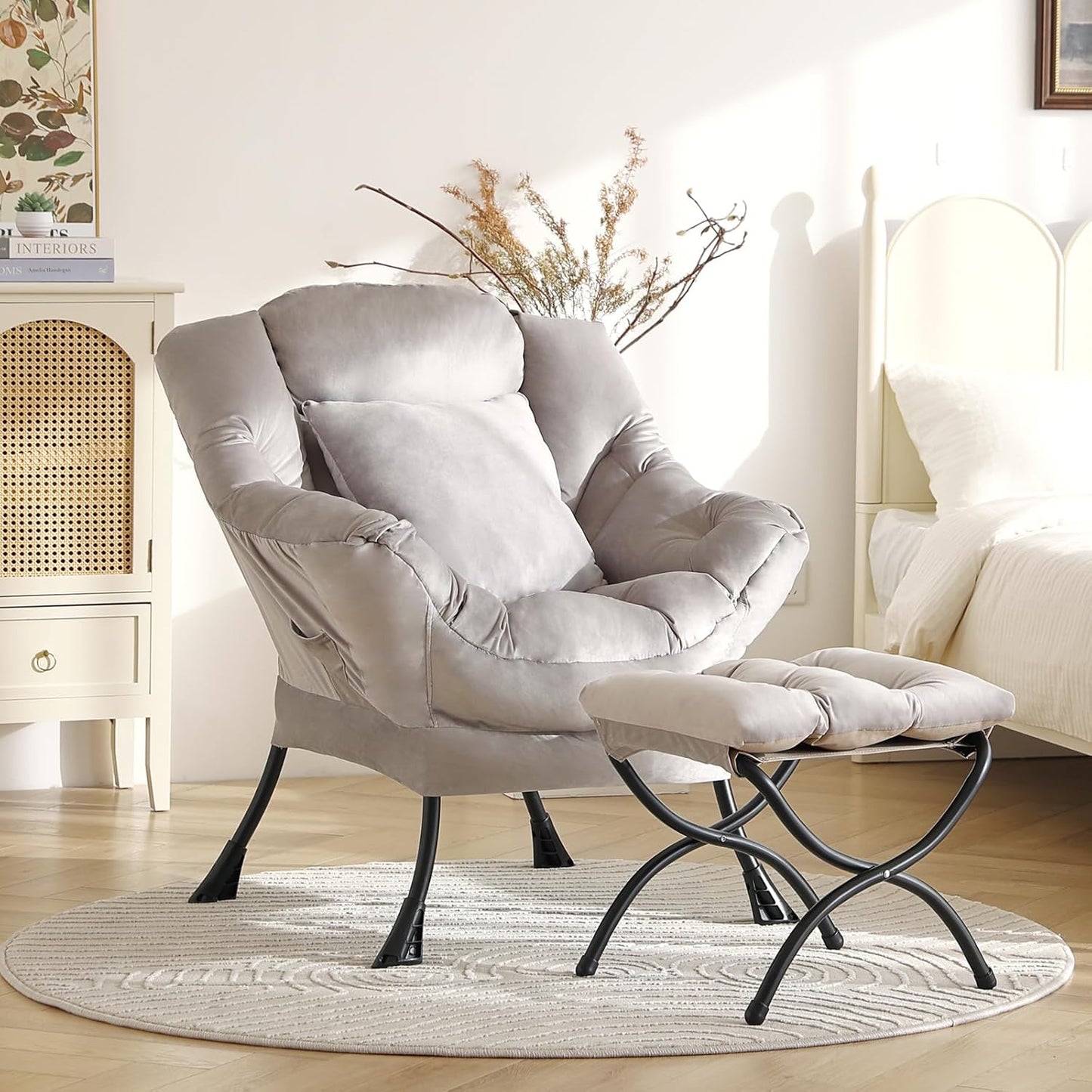 Large Lazy Chair with Ottoman, Accent Reading Chair with a Soft Grey Throw Pillow, Cozy Lounge Chair with Armrest, Leisure Sofa Chair for Living Room, Bedroom, Dorm, Velvet Soft Grey