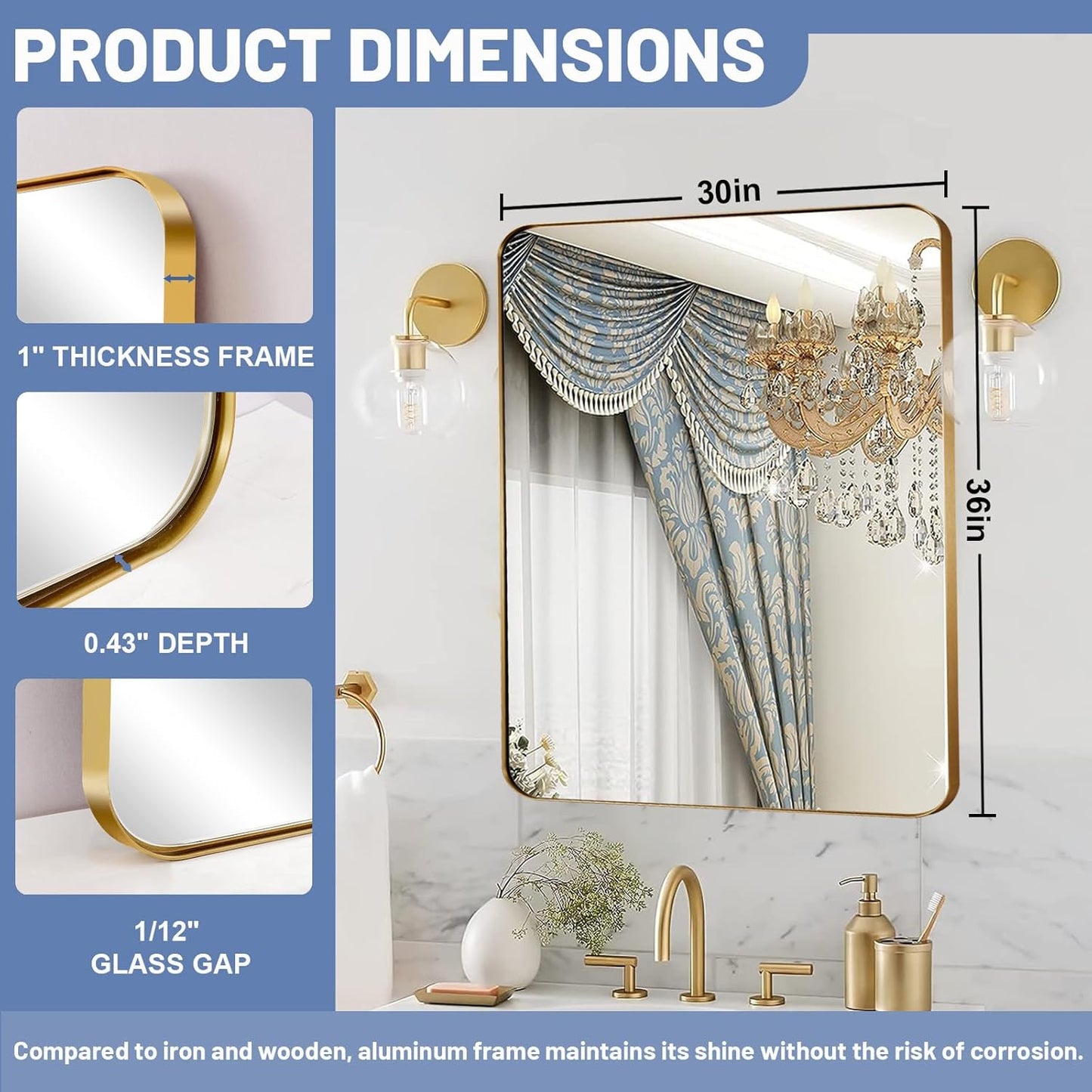 Brushed Gold Mirror 30"x36", Wall Mirror for Bathroom Vanity in Anti-Rust Metal Frame, Modern Rectangle Mirrors for Wall, Rounded Corners, Shatter-Proof, Hangs Horizontal/Vertical