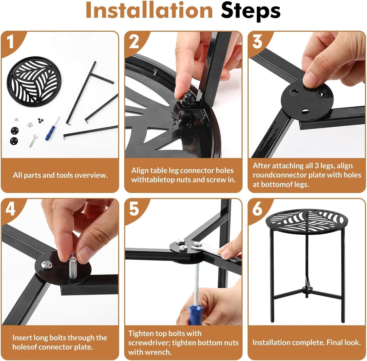 2 Packs 13" Metal Outdoor Side Tables Small Black Outside End Table for Patio Round Accent Corner Stand for Small Spaces Weather-Resistant Coffee Table for Balcony Porch Plant Stand, Palm Leaf