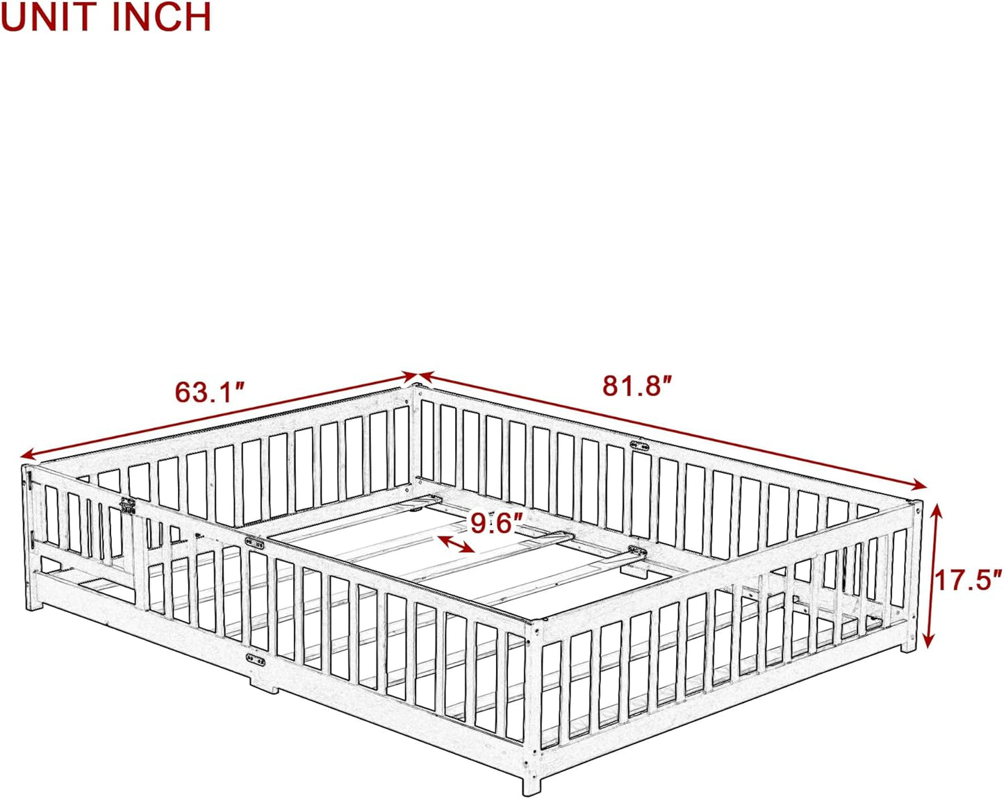 Queen Size Floor Bed Frame with Slats and Safety Guardrail, Wood Queen Size Montessori Floor Bed with Door and Fence, Easy Assemble Montessori Beds for Kids, Girls, Boys, Espresso