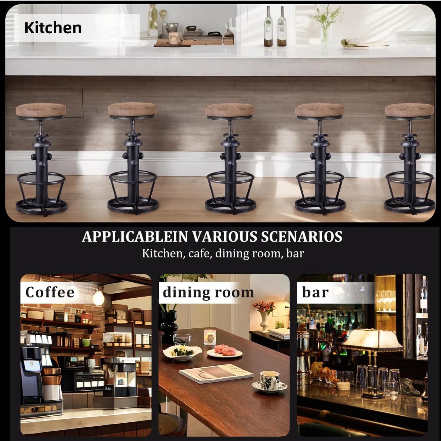 Industrial Bar Stools-Swivel Pu Seat-Vintage Kitchen Island Stool-Counter Bar Height Adjustable 25-31inch-Footrest