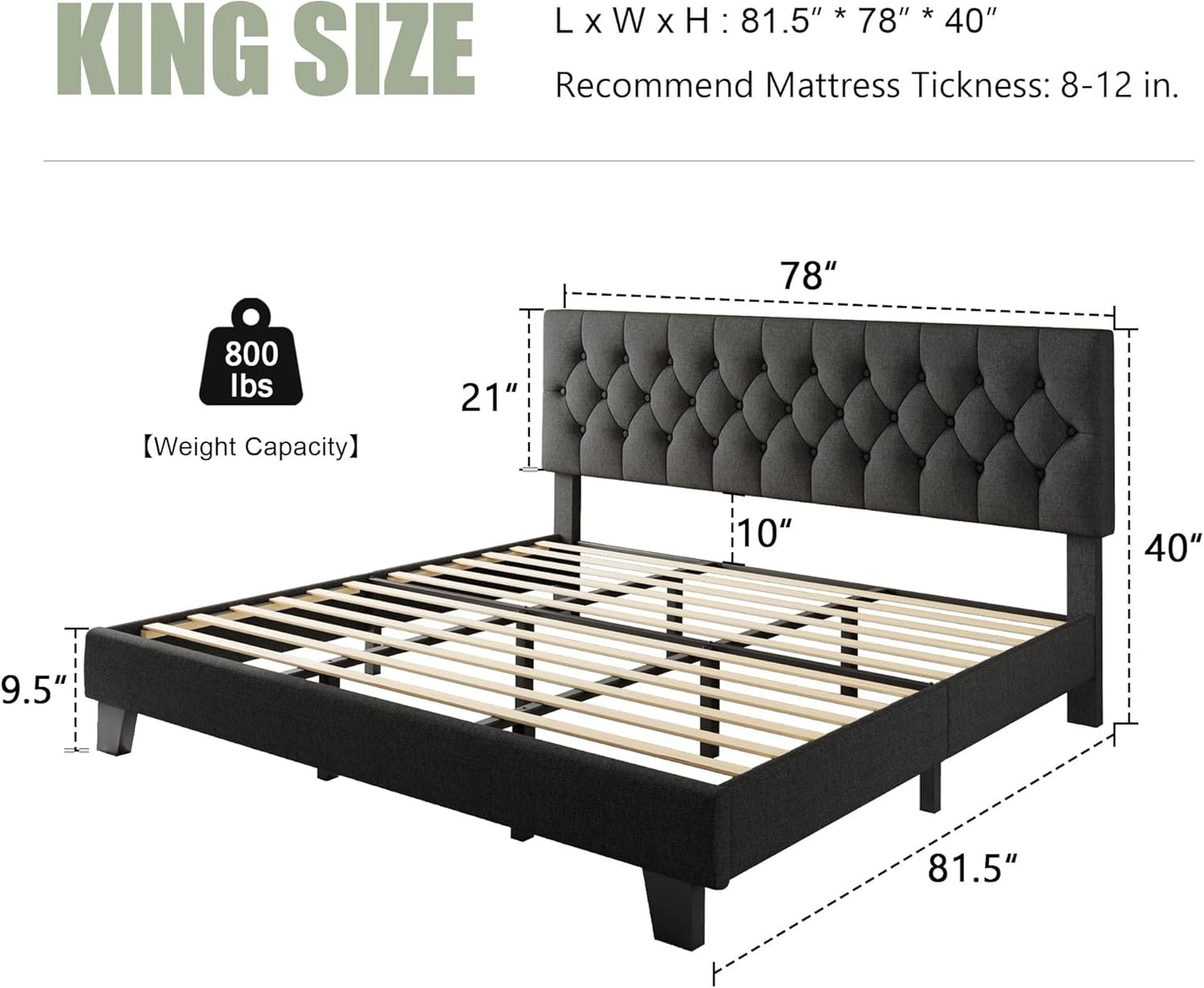 Feonase King Size Platform Bed Frame, Upholstered Bed with Button Tufted Headboard, Heavy Duty Wooden Slats & Thickened Feet, No Box Spring Needed, Noise-Free, Easy Assembly, Dark Grey