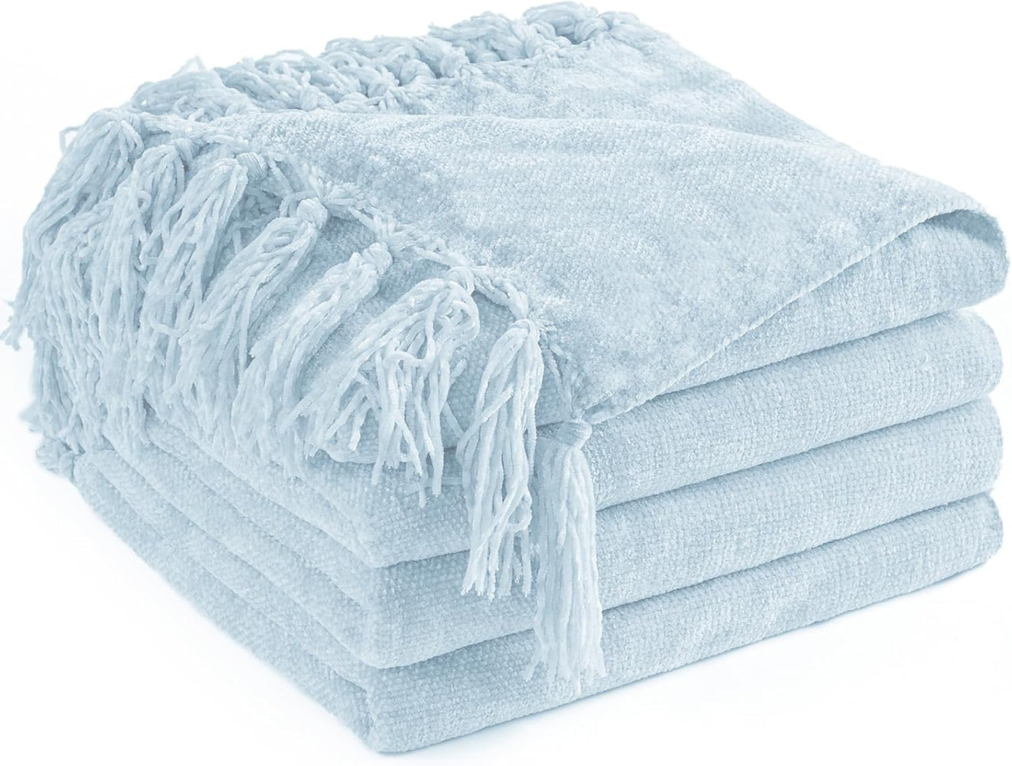 Chenille Throw Blanket for Couch 50"X 60", Soft Cozy Throws with Fringe Tassel for Bed Sofa Chair Cover, Lightweight Knitted Decorative Boho Blankets for Living Room, Light Blue