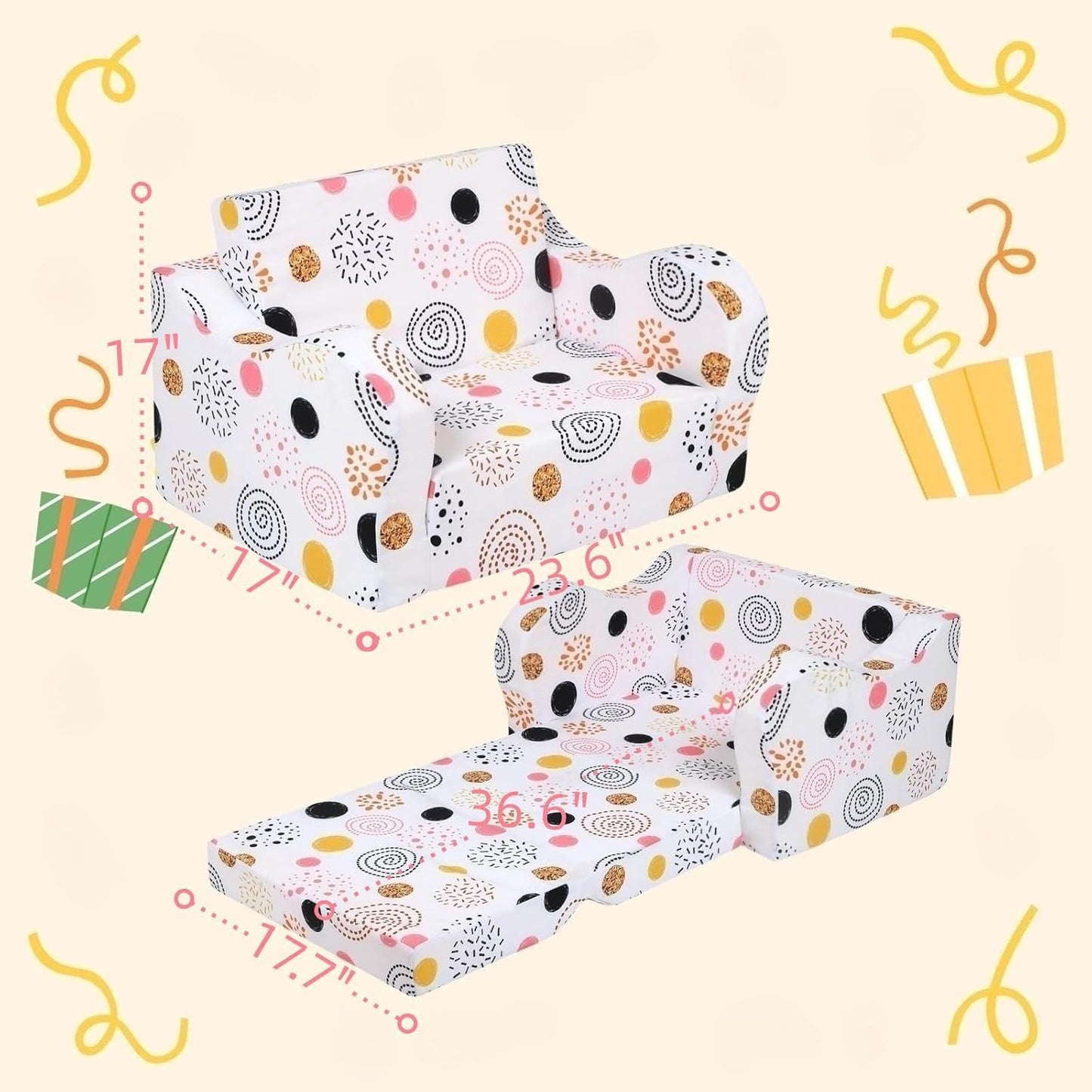 Firework Kids Sofa, 2-in-1 Kids Couch Fold Out, Convertible Sofa to Bed for Girls and Boys